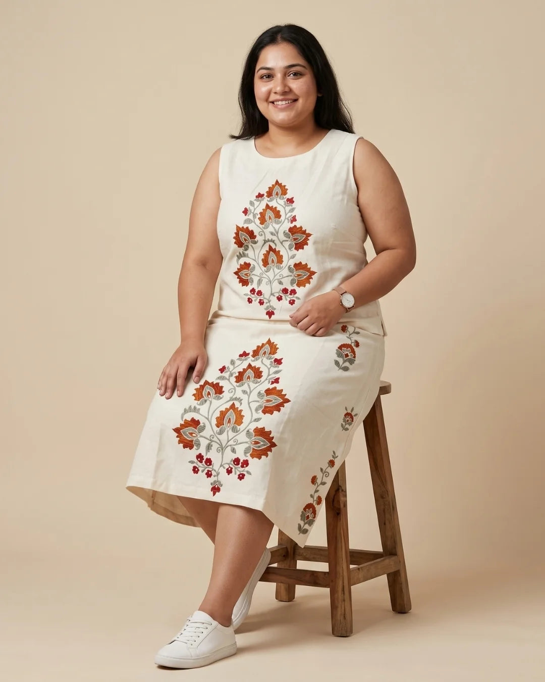 Women’s cream floral printed sleeveless top and mini skirt co-ord set by BENKQIN.