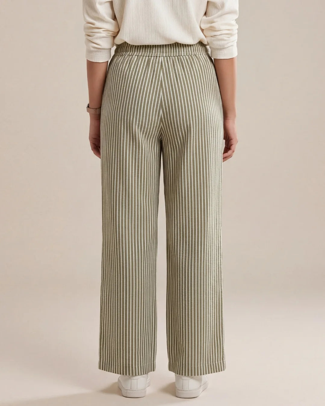 Women’s olive green and white striped straight-fit cotton trousers with drawstring waist by BENKQIN.