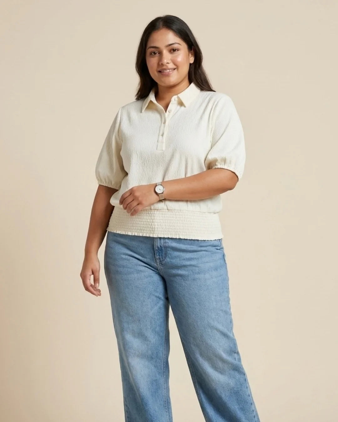 Women’s pastel cream textured top with shirt collar, puff sleeves and smocked waistband by BENKQIN.