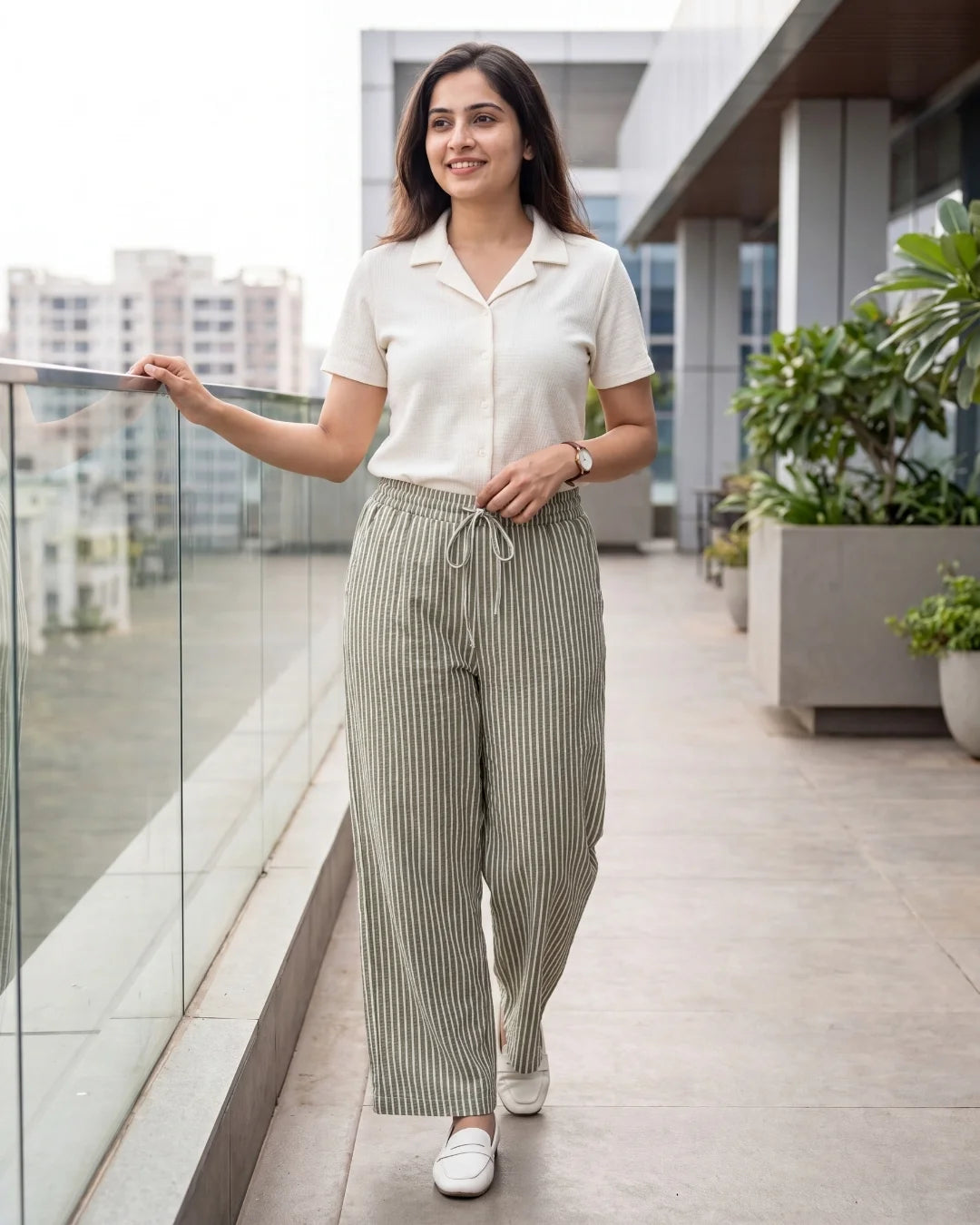 Women’s olive green and white striped straight-fit cotton trousers with drawstring waist by BENKQIN.