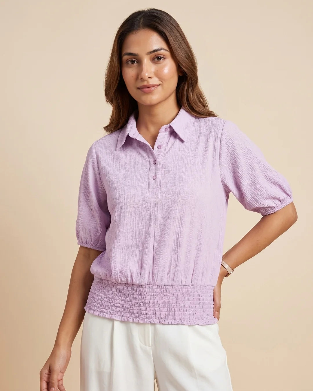 Women’s pastel lavender textured polo top with puff sleeves and smocked waist by BENKQIN.