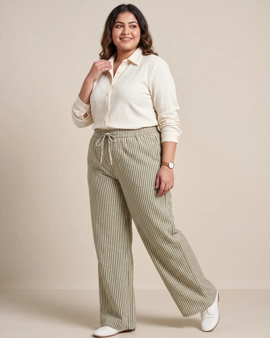 Women’s olive green and white striped straight-fit cotton trousers with drawstring waist by BENKQIN.