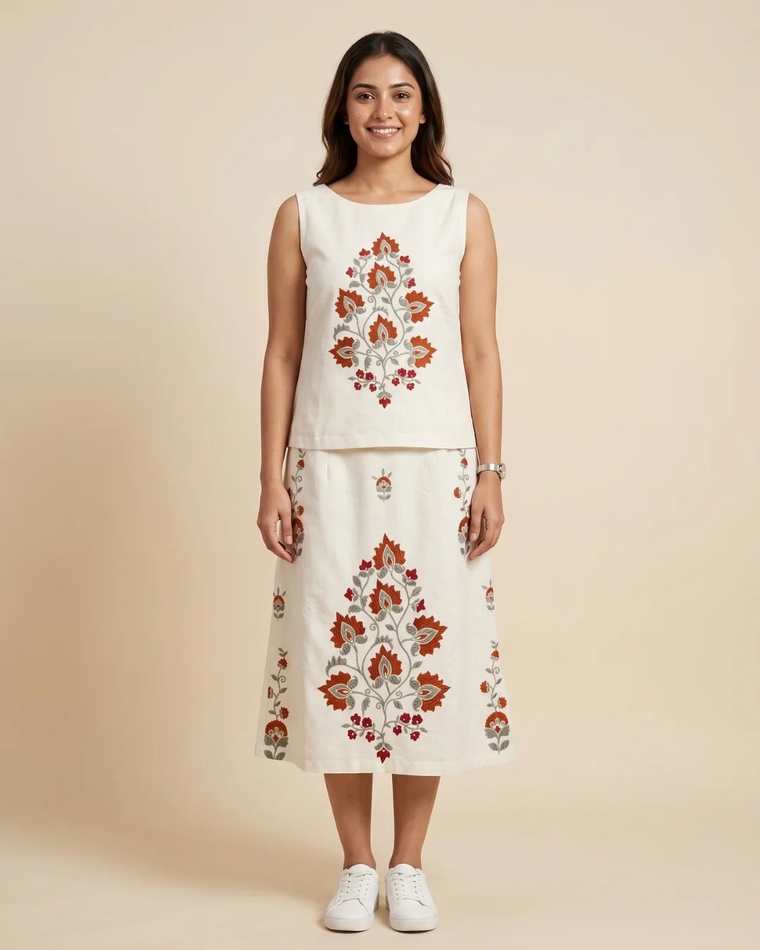 Women’s cream floral printed sleeveless top and mini skirt co-ord set by BENKQIN.