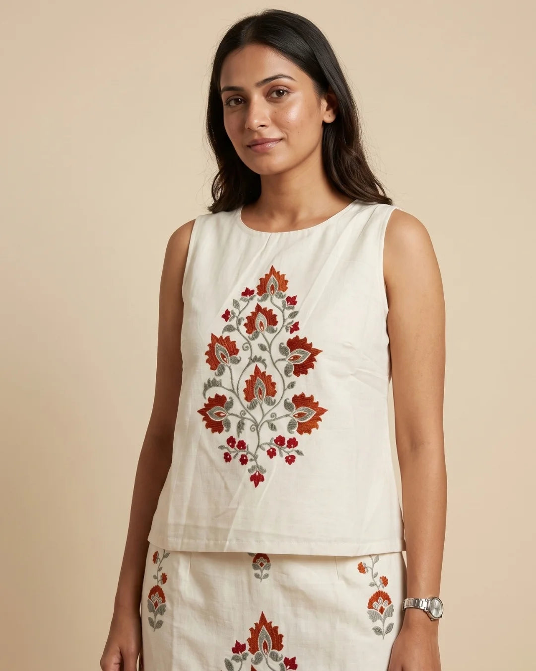 Women’s cream floral printed sleeveless top and mini skirt co-ord set by BENKQIN.