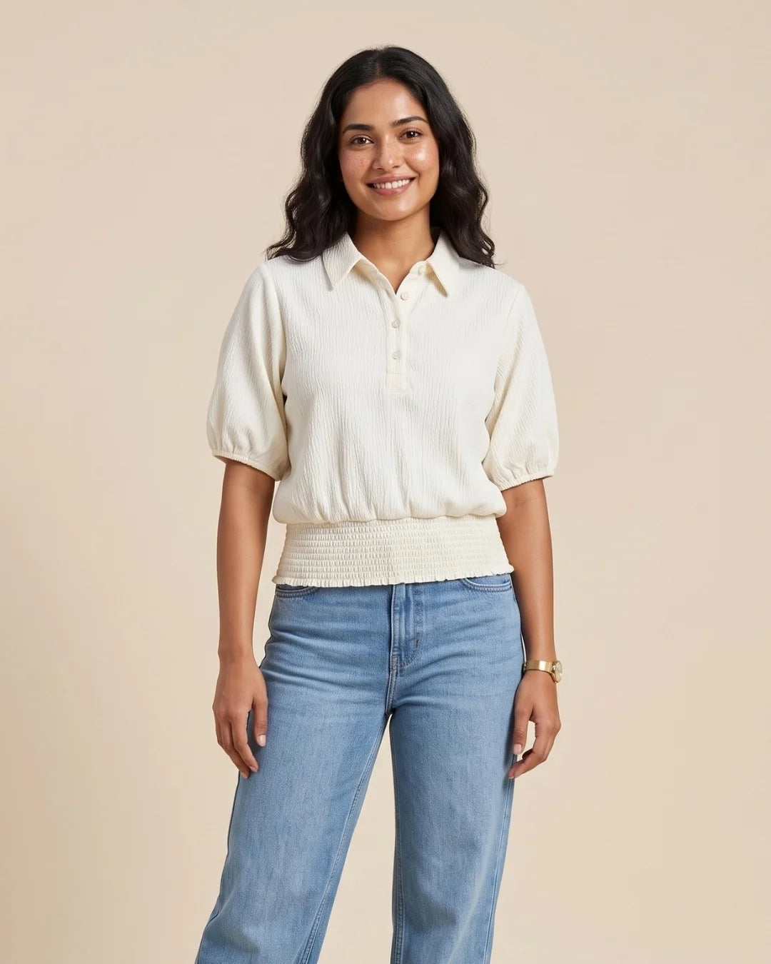 Women’s pastel cream textured top with shirt collar, puff sleeves and smocked waistband by BENKQIN.