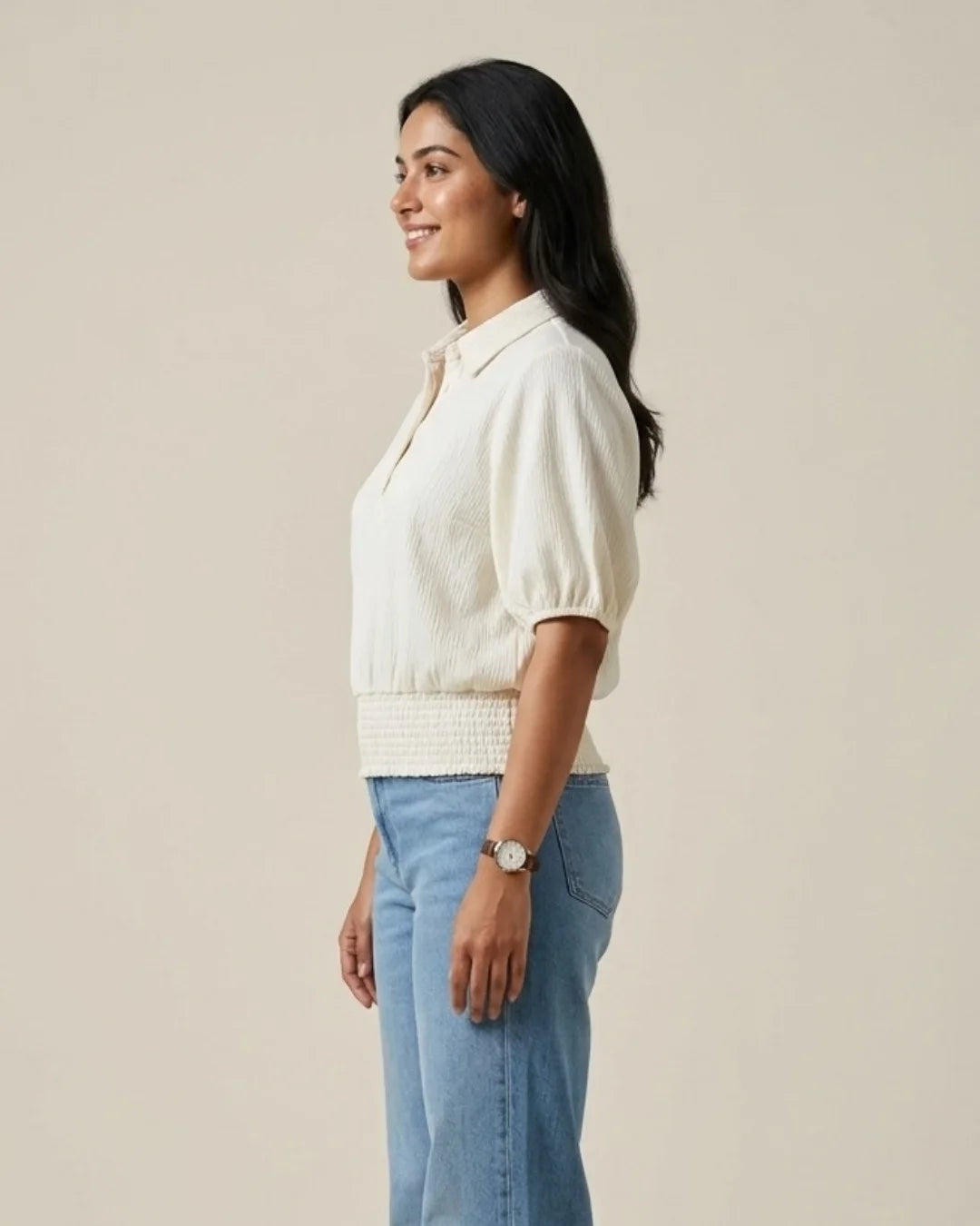 Women’s pastel cream textured top with shirt collar, puff sleeves and smocked waistband by BENKQIN.