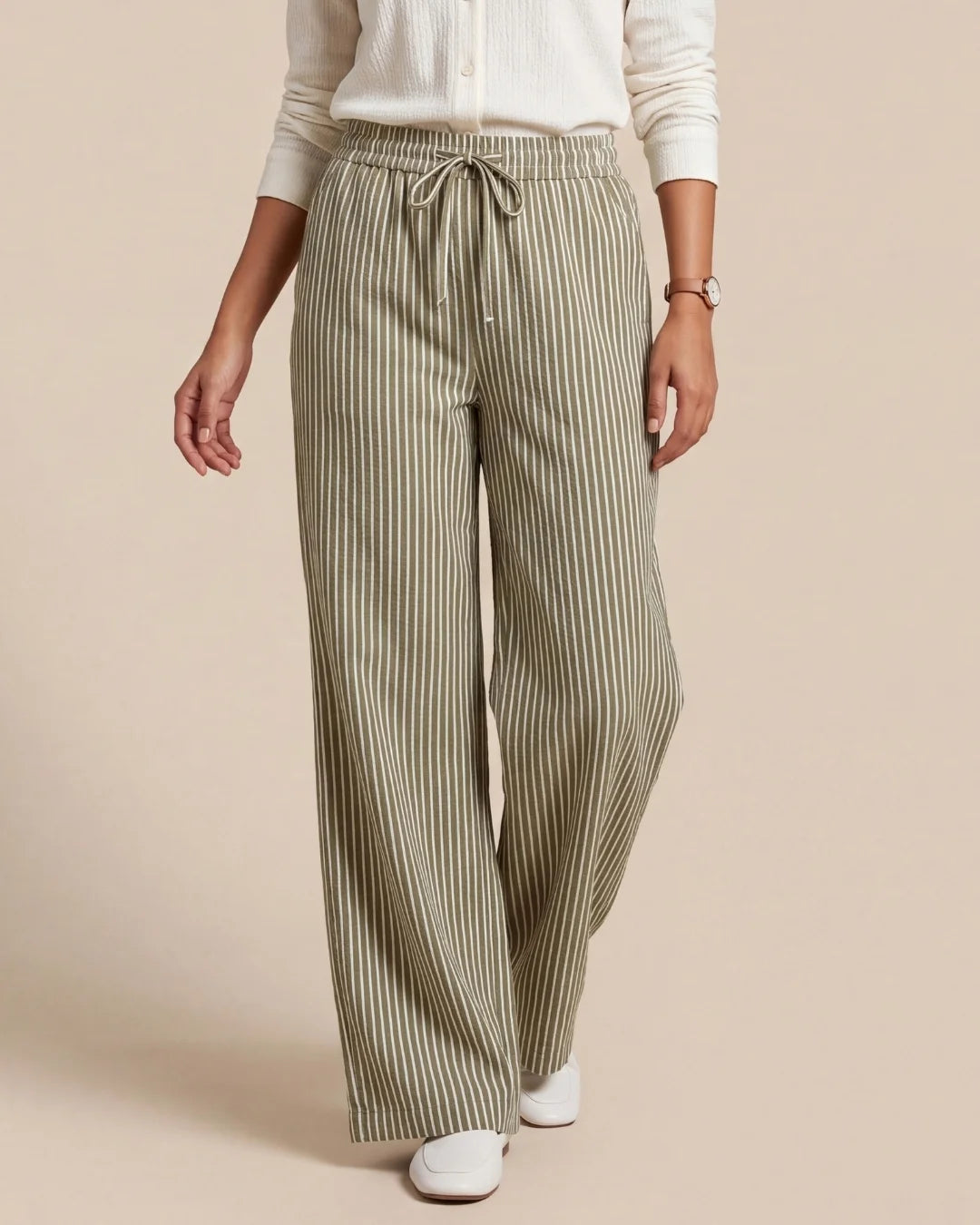 Women’s olive green and white striped straight-fit cotton trousers with drawstring waist by BENKQIN.