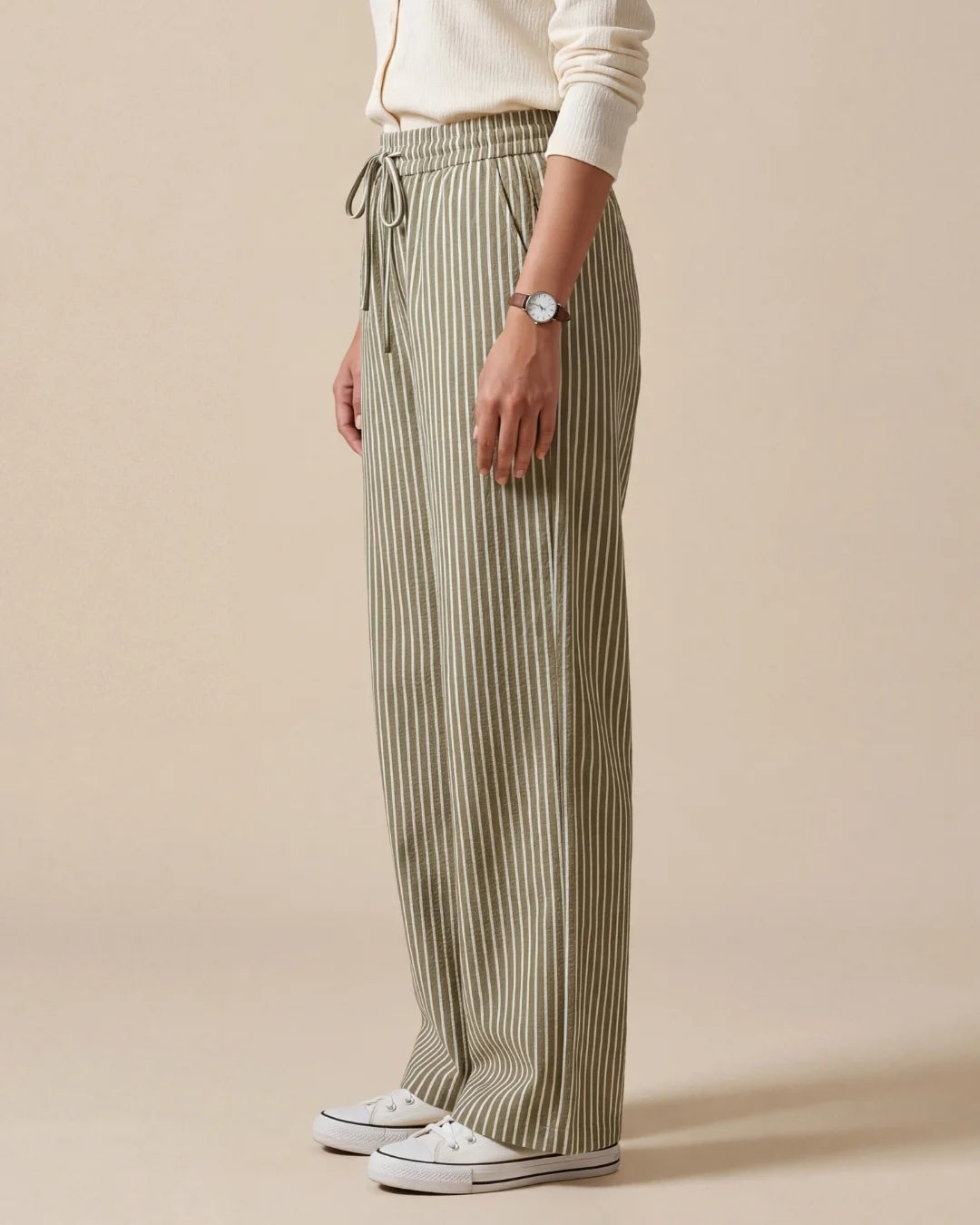 Women’s olive green and white striped straight-fit cotton trousers with drawstring waist by BENKQIN.