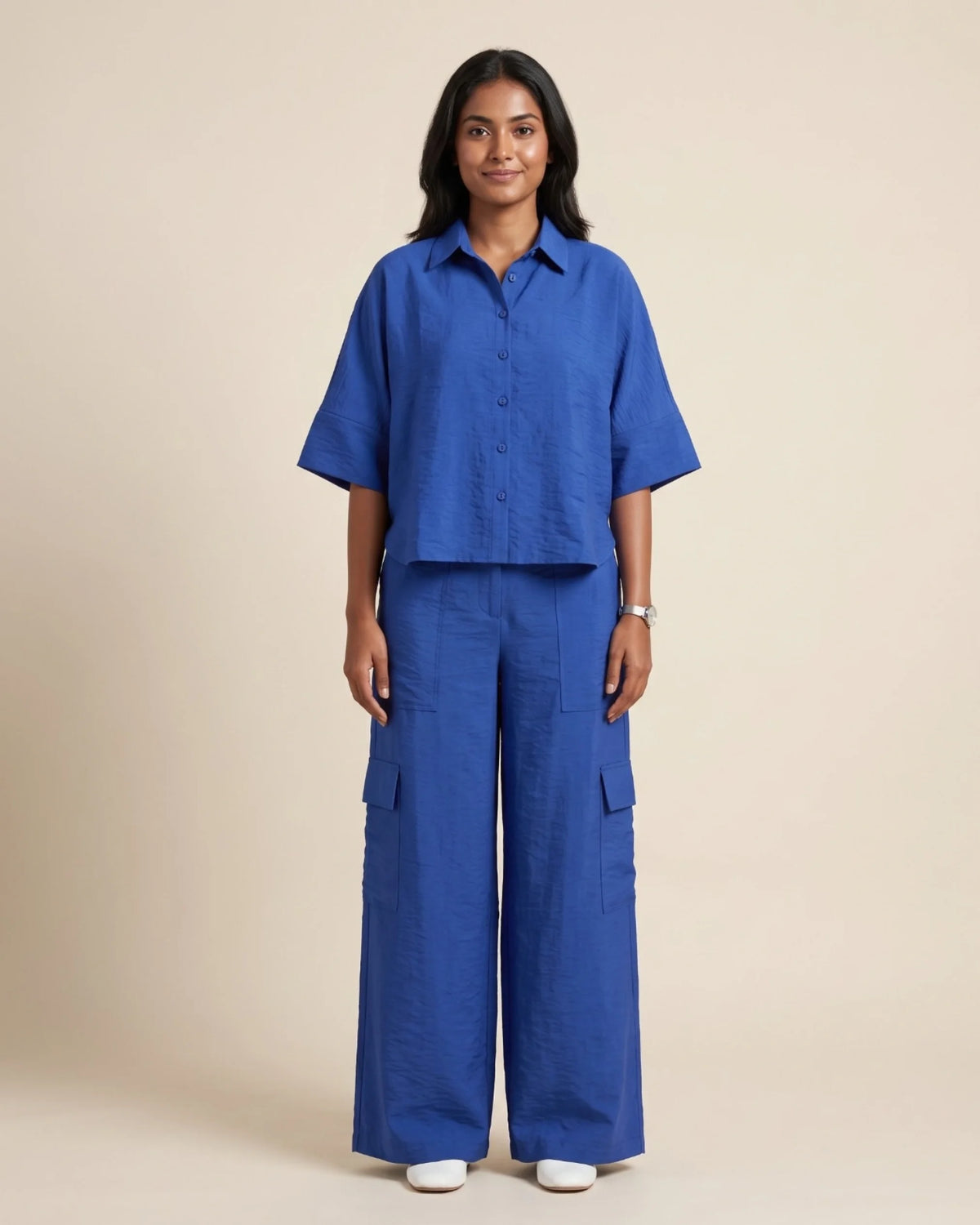 Women’s blue oversized shirt and matching bottoms hammered satin co-ord set by BENKQIN.