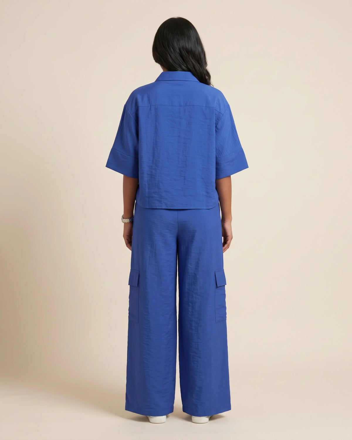 Women’s blue oversized shirt and matching bottoms hammered satin co-ord set by BENKQIN.