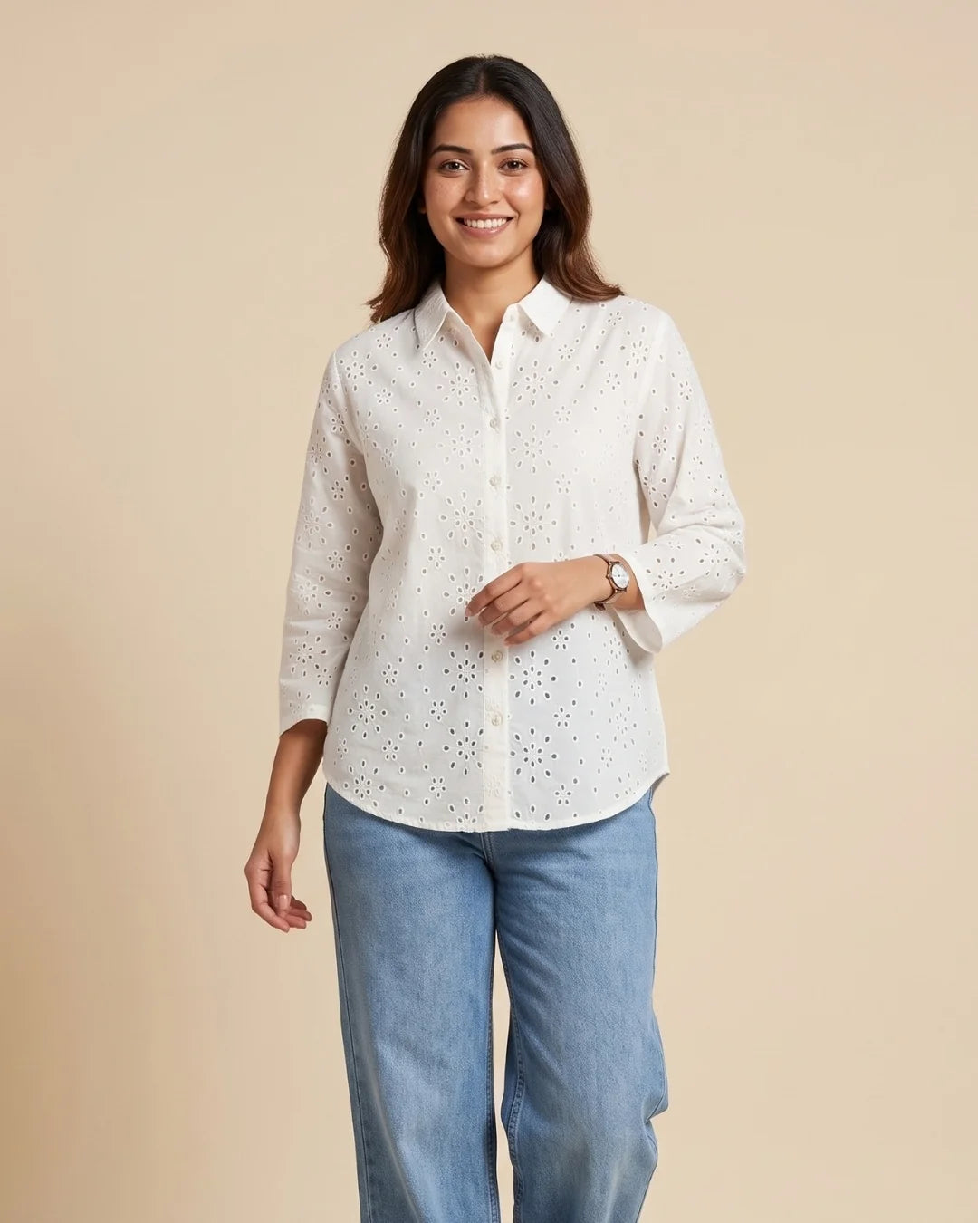 Women’s white cotton schiffli eyelet embroidered shirt with three-quarter sleeves by BENKQIN.