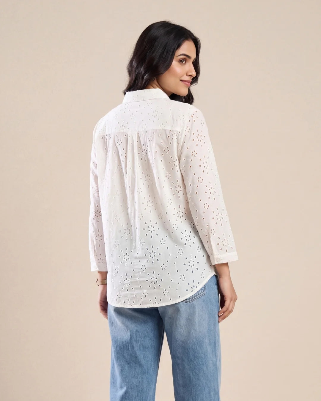 Women’s white cotton schiffli eyelet embroidered shirt with three-quarter sleeves by BENKQIN.