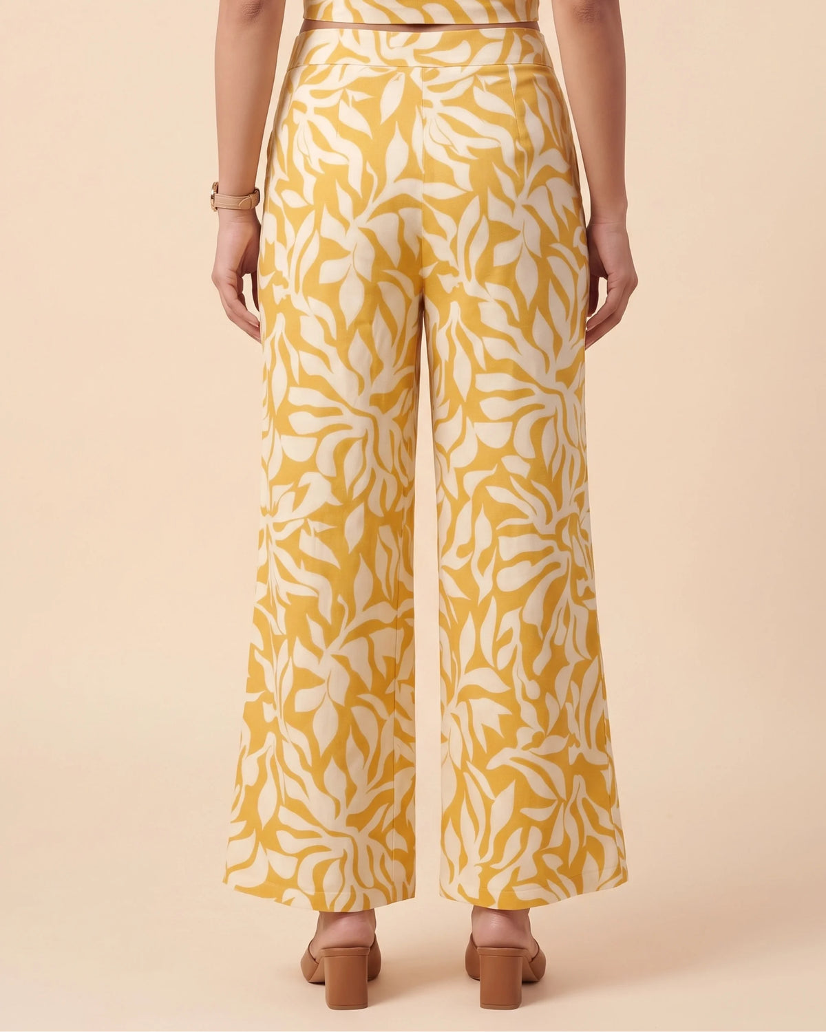 Women’s mustard yellow and white printed co-ord set with wrap-neck top and wide-leg trousers by BENKQIN.