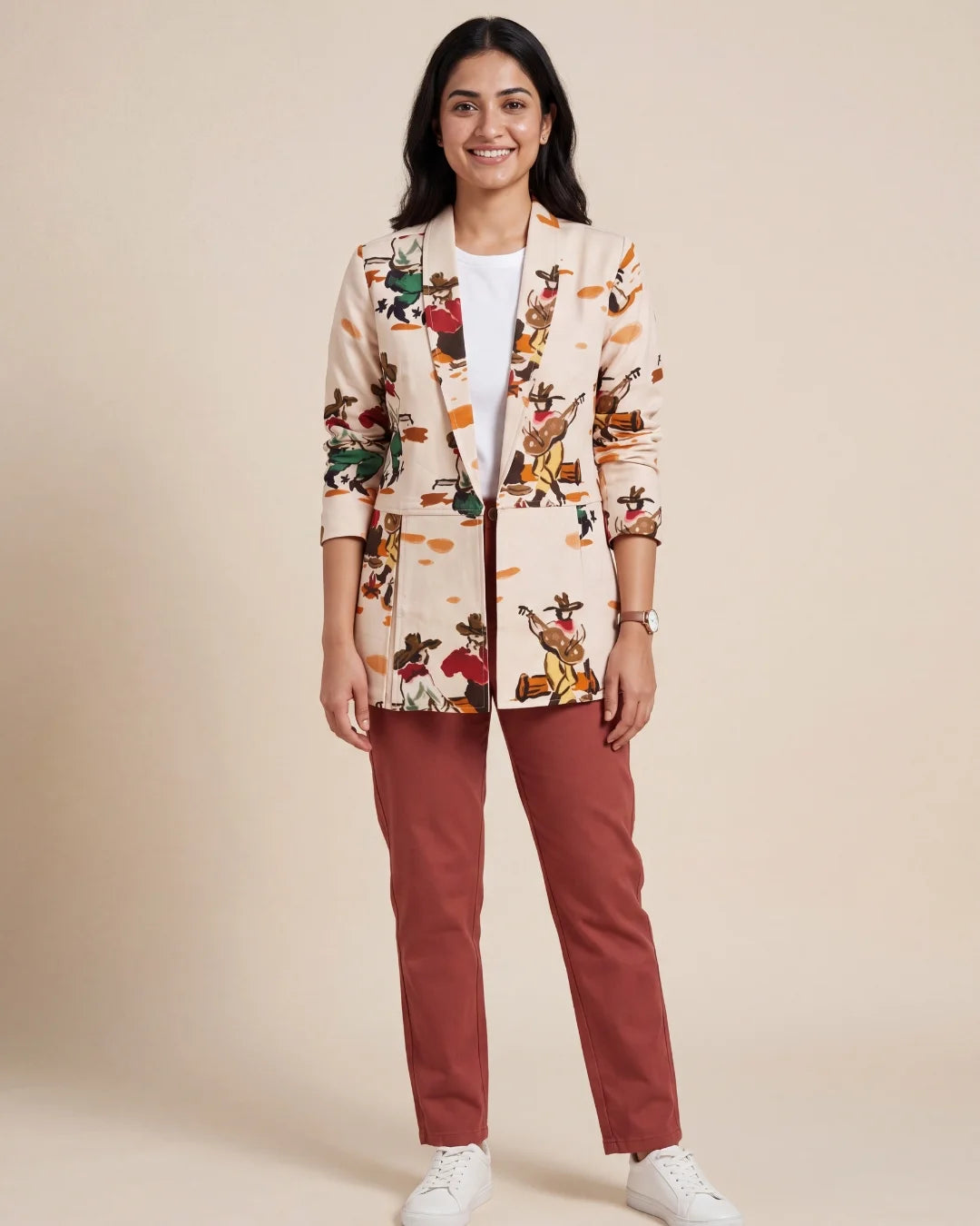 Women’s beige vintage print cotton poplin flap jacket by BenKQin.