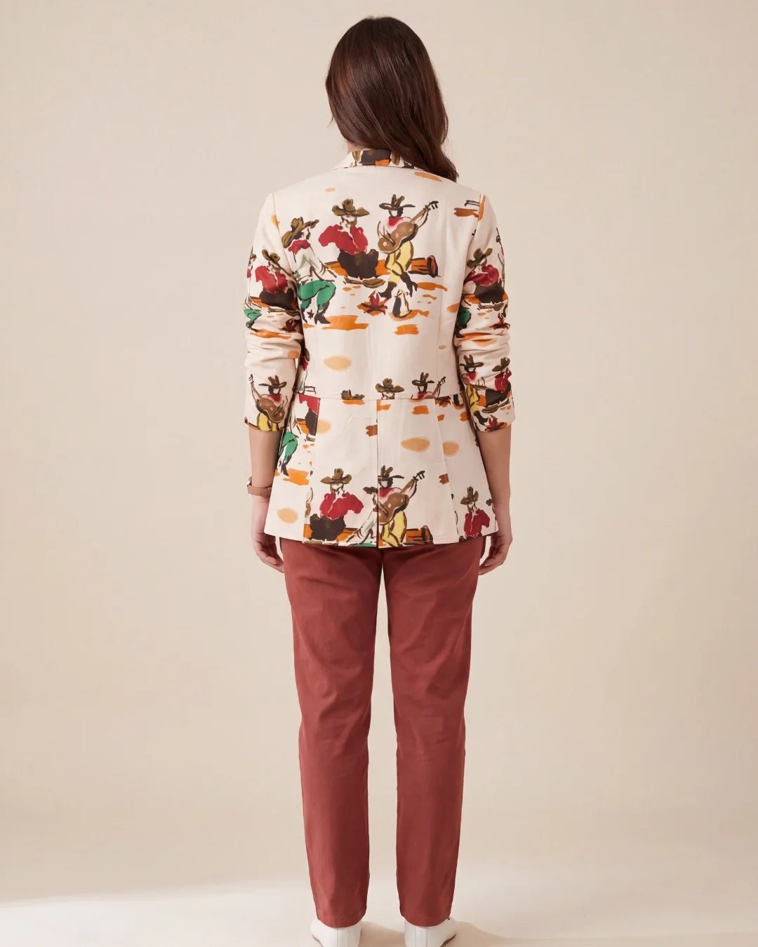 Women’s beige vintage print cotton poplin flap jacket by BenKQin.
