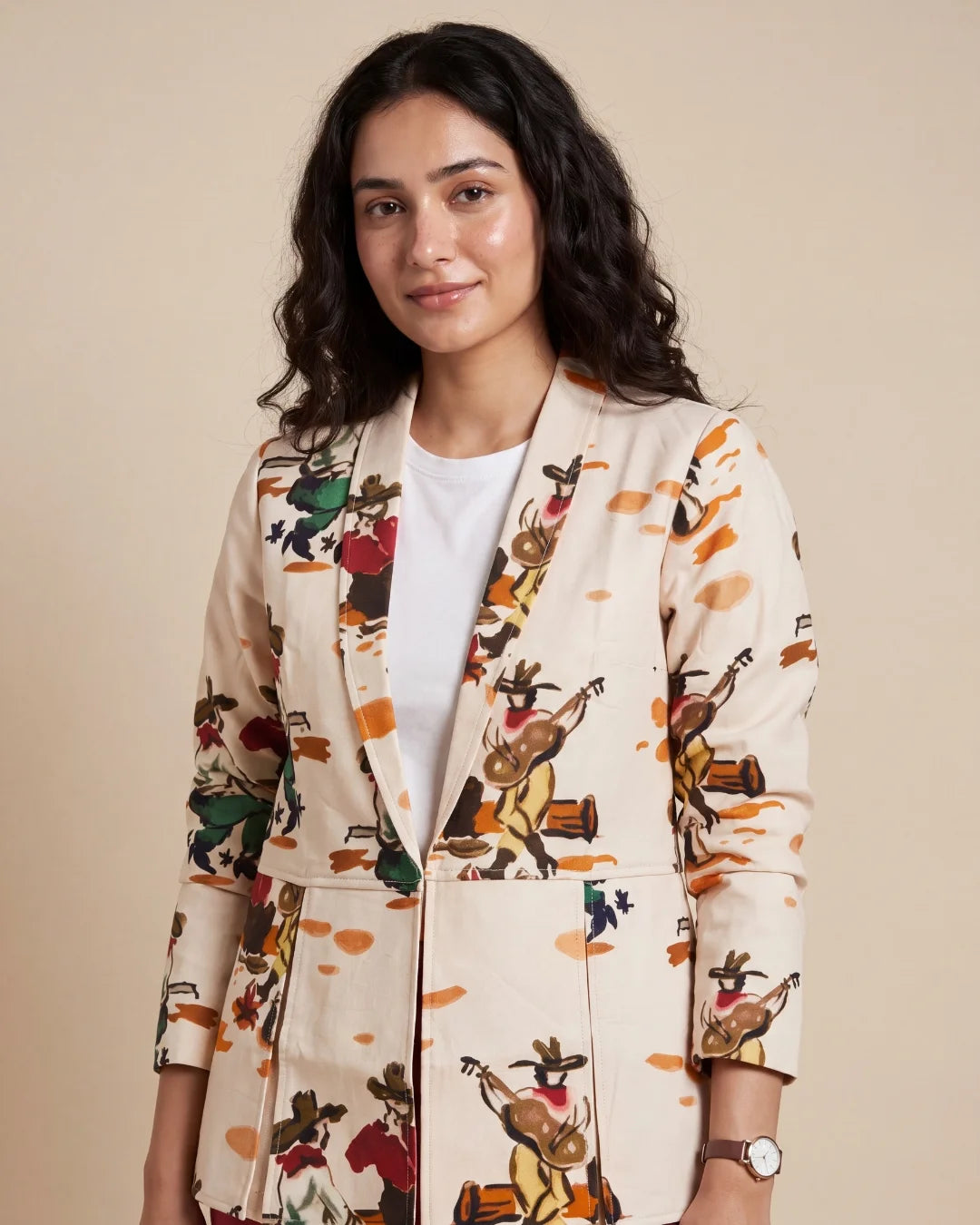 Women’s beige vintage print cotton poplin flap jacket by BenKQin.