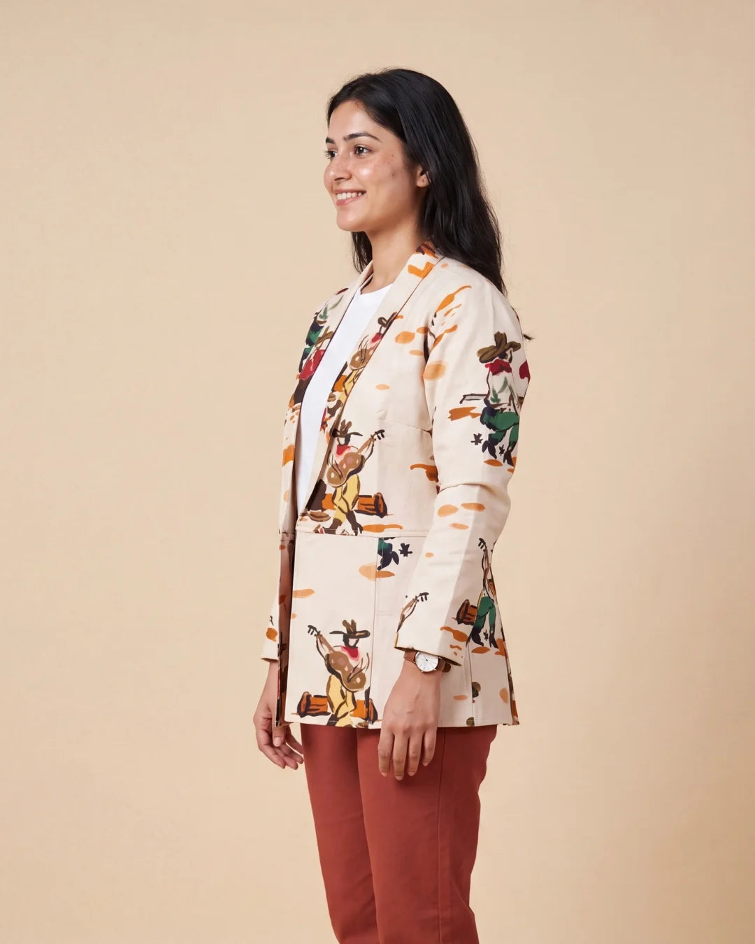 Women’s beige vintage print cotton poplin flap jacket by BenKQin.