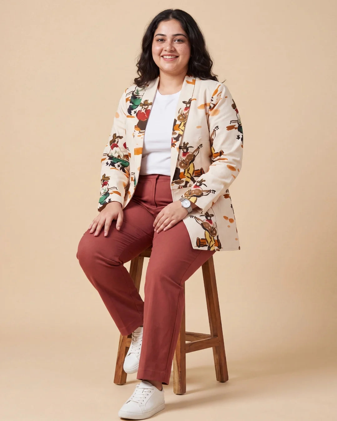 Women’s beige vintage print cotton poplin flap jacket by BenKQin.