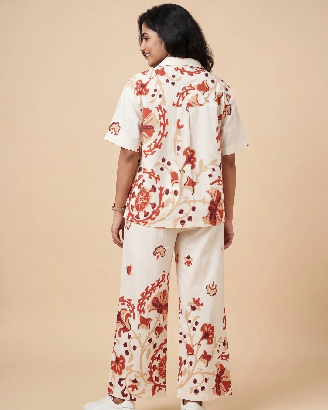 Women’s ivory floral botanical print co-ord set with collared shirt and wide-leg pants by BenKQin.