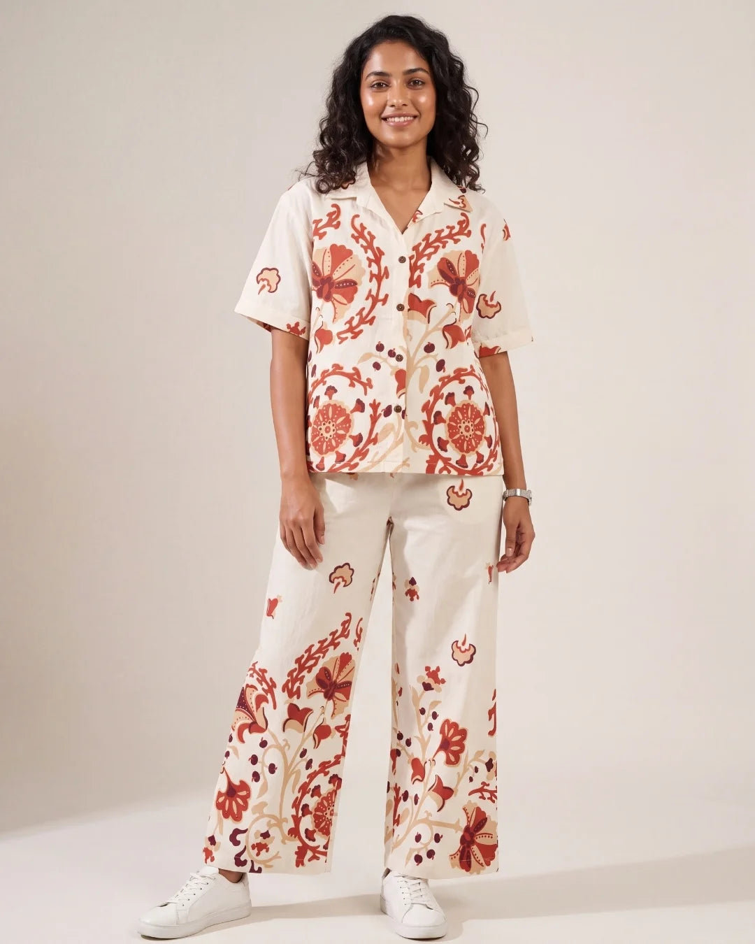 Women’s ivory floral botanical print co-ord set with collared shirt and wide-leg pants by BenKQin.