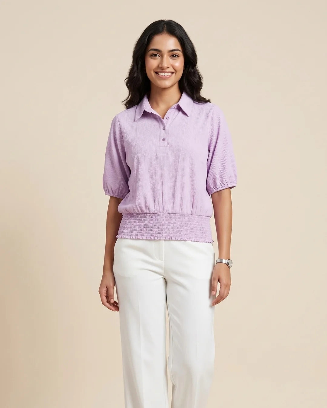 Women’s pastel lavender textured polo top with puff sleeves and smocked waist by BENKQIN.