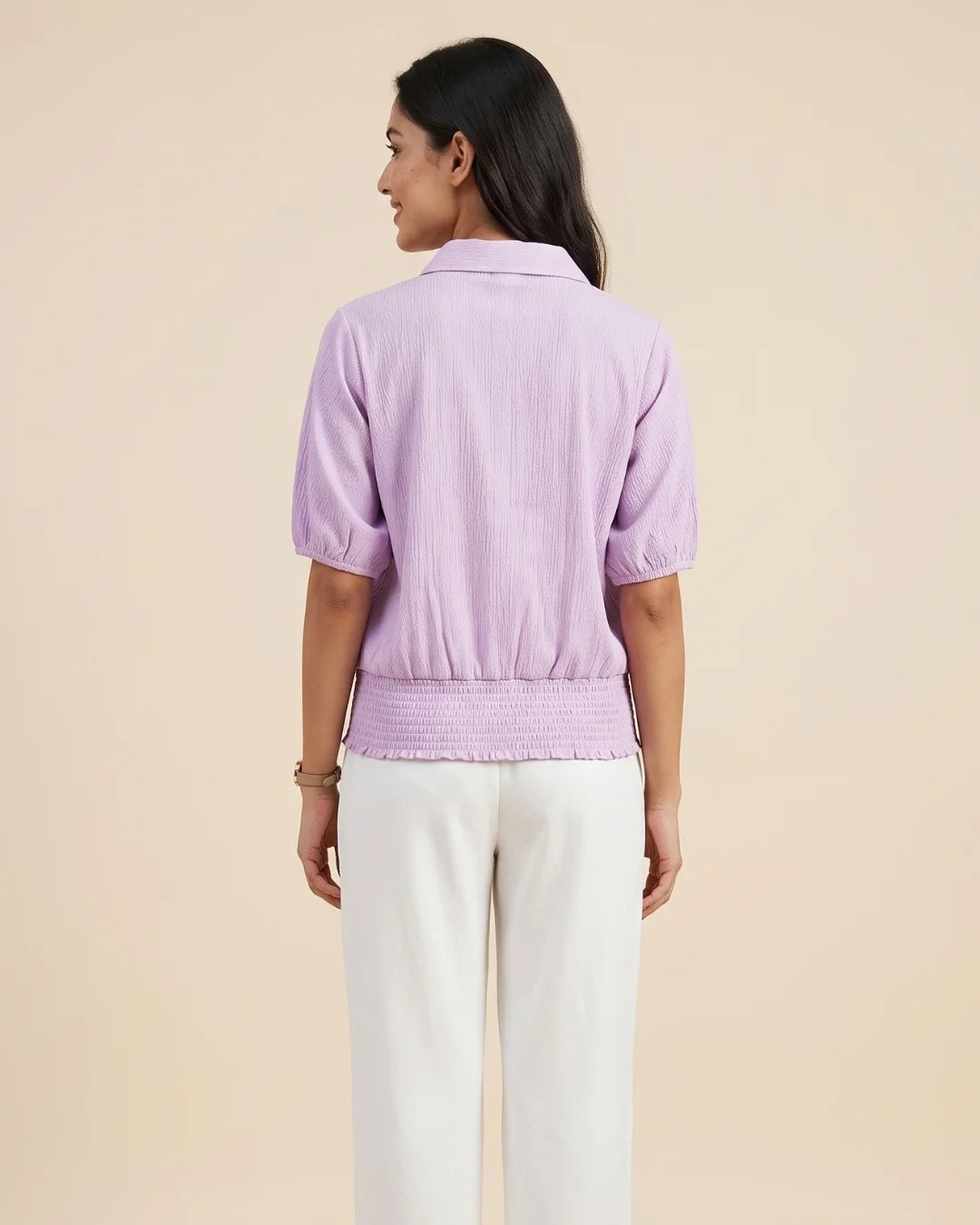 Women’s pastel lavender textured polo top with puff sleeves and smocked waist by BENKQIN.