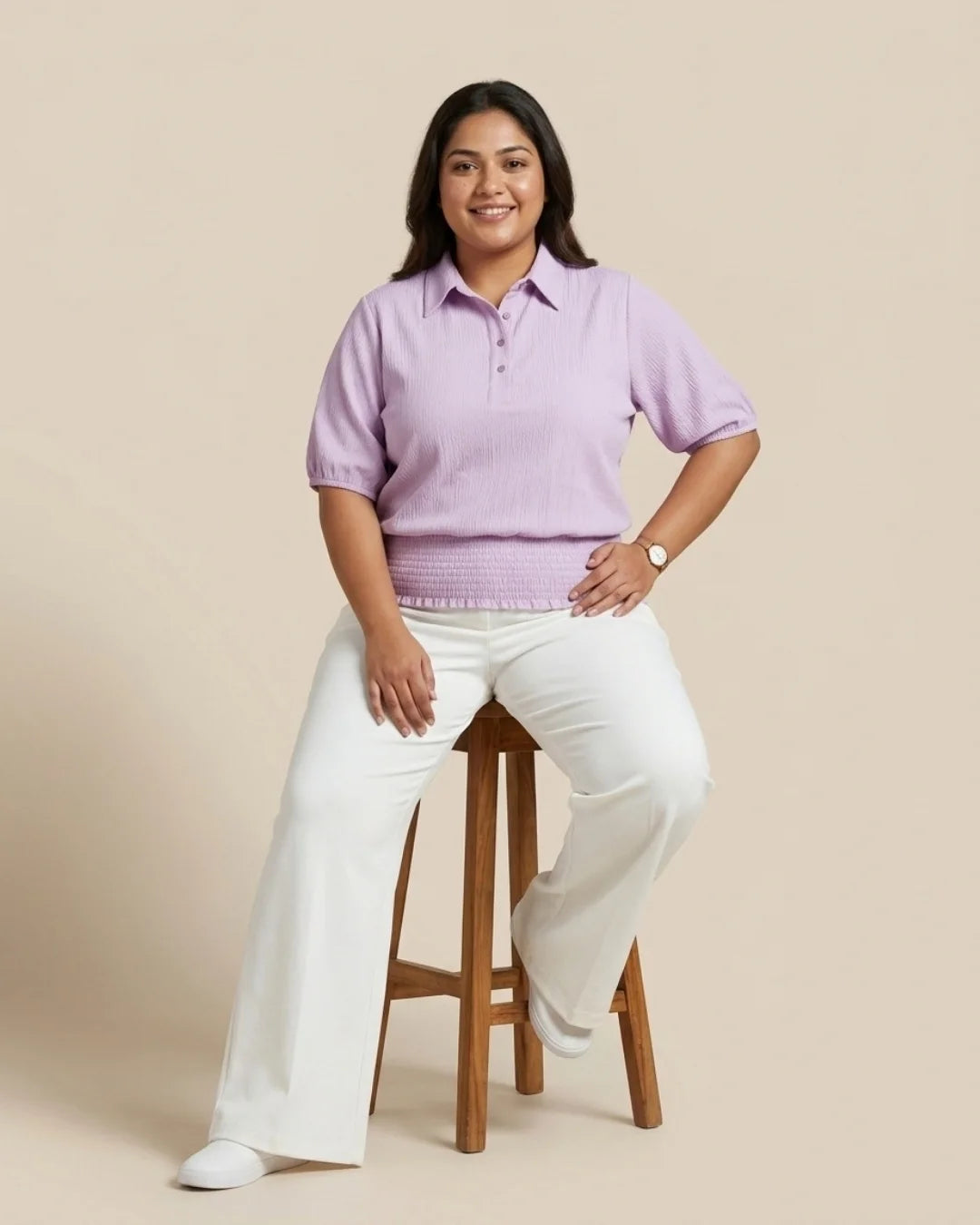 Women’s pastel lavender textured polo top with puff sleeves and smocked waist by BENKQIN.