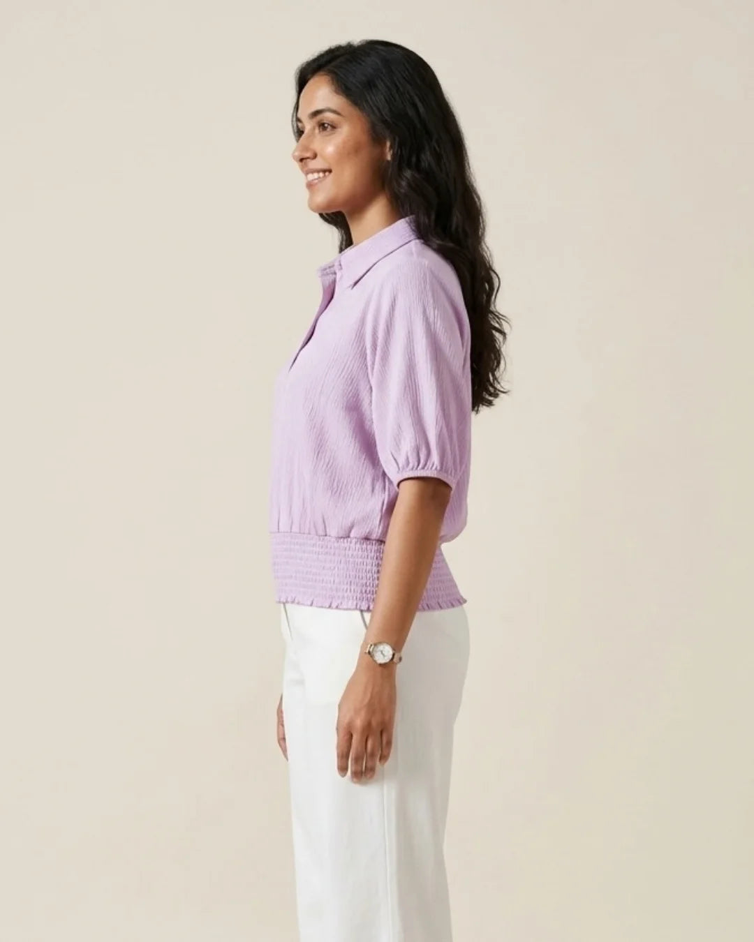 Women’s pastel lavender textured polo top with puff sleeves and smocked waist by BENKQIN.