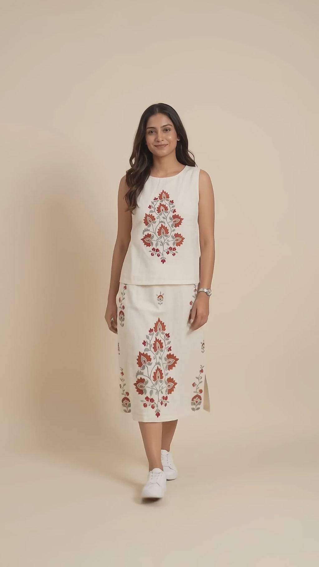 Women’s cream floral printed sleeveless top and mini skirt co-ord set by BENKQIN.