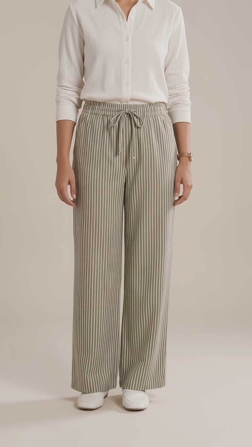 Women’s olive green and white striped straight-fit cotton trousers with drawstring waist by BENKQIN.