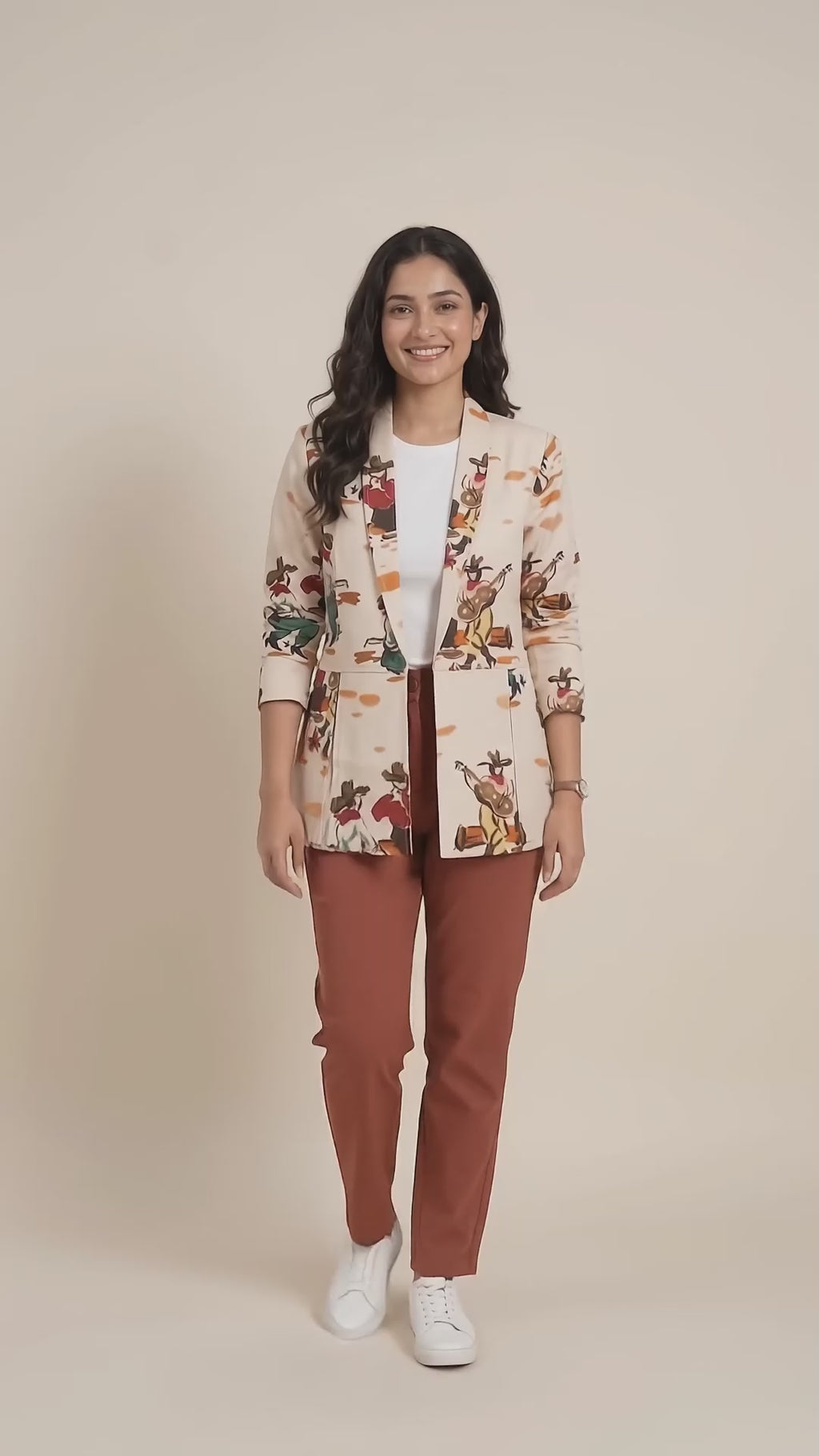 Women’s beige vintage print cotton poplin flap jacket by BenKQin.